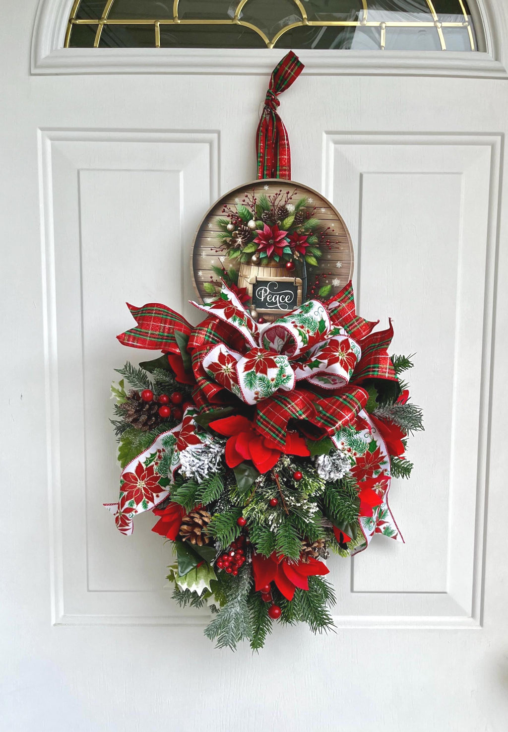 Christmas Door Swag – Poinsettia Arrangement & "Peace" Sign