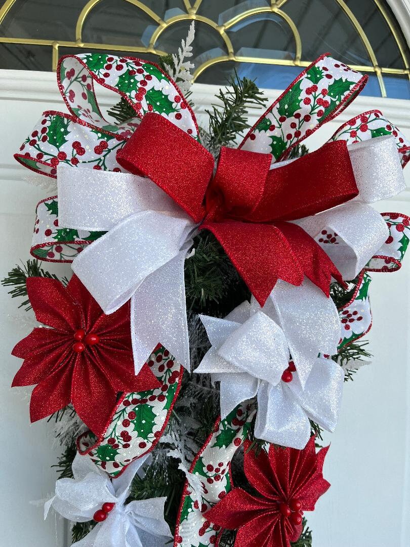 Christmas Door Swag: Red Poinsettia, White Bow Decor
