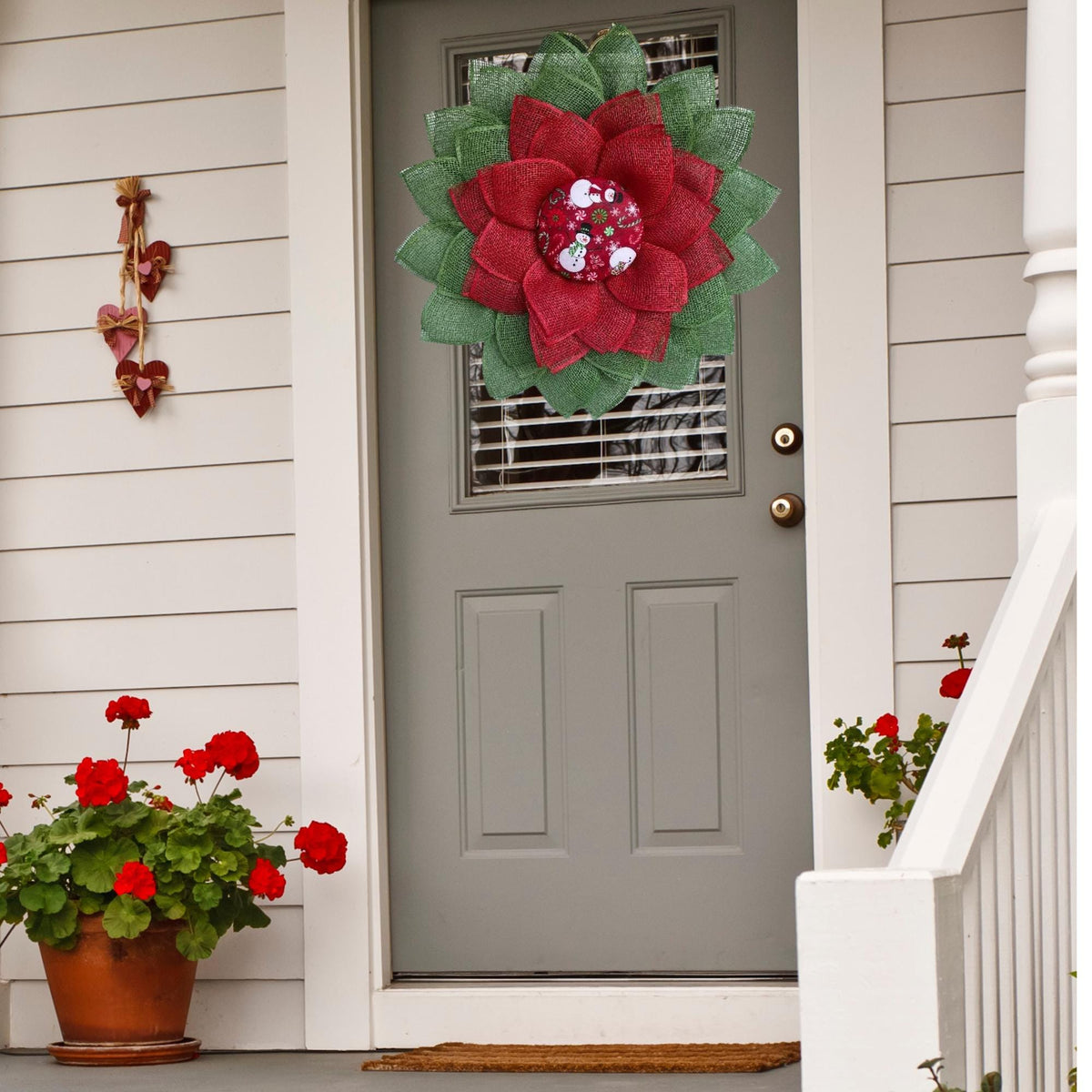 Large petal Christmas door wreath,  snowman decor, red and green
