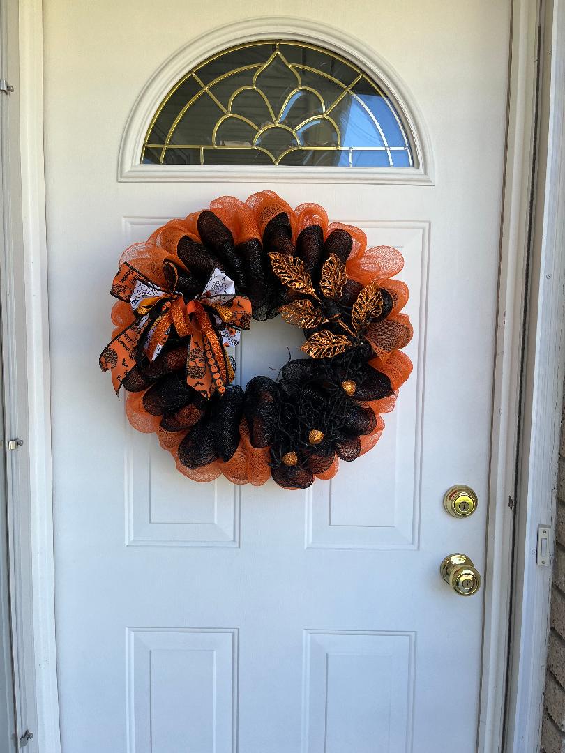 Large Handmade Halloween Deco Mesh Wreath – Orange & Black with Multicolor Bow, Front Door Decor