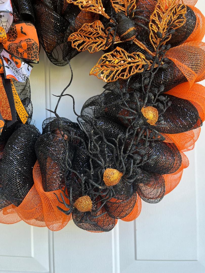 Large Handmade Halloween Deco Mesh Wreath – Orange & Black with Multicolor Bow, Front Door Decor