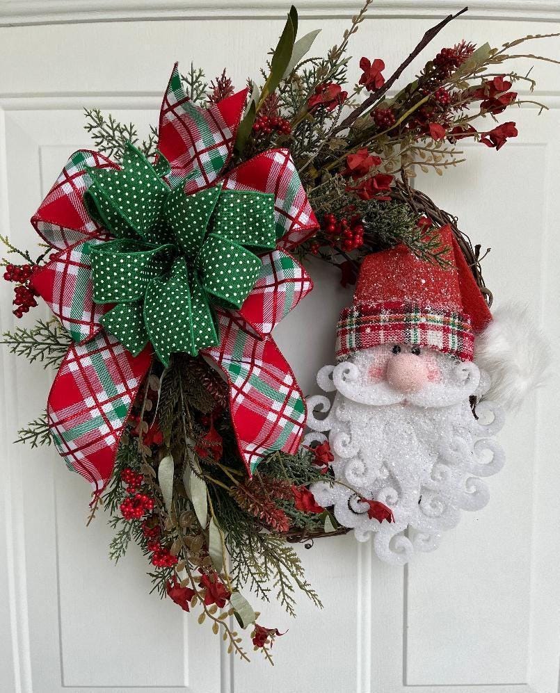 Handmade Santa Face Christmas Door Wreath – Faux Greenery, Holly Berries & Festive Bow