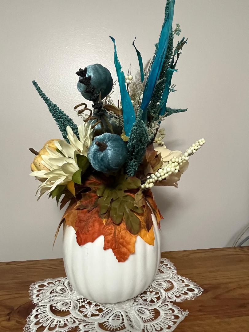 Fall Pumpkin Centerpiece | Turquoise & Beige Faux Floral | Autumn Table Decor