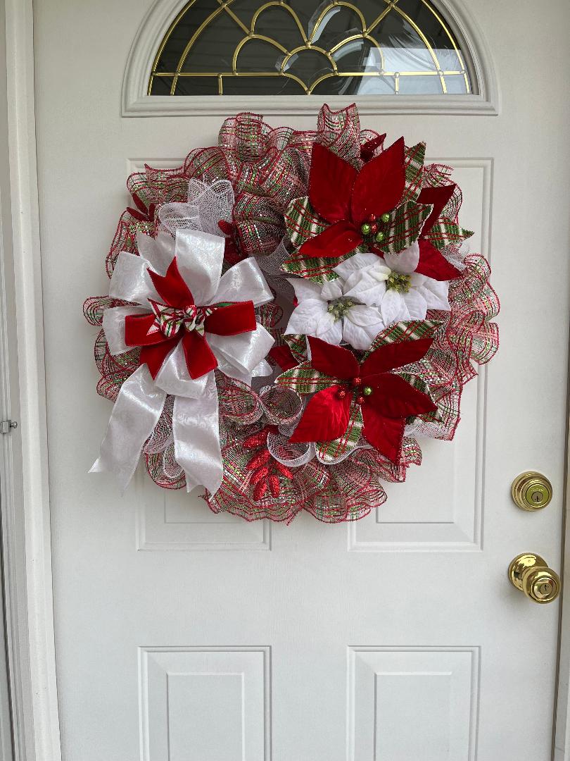 Christmas Poinsettia Wreath – Red, Green & White Mesh Holiday Door Décor