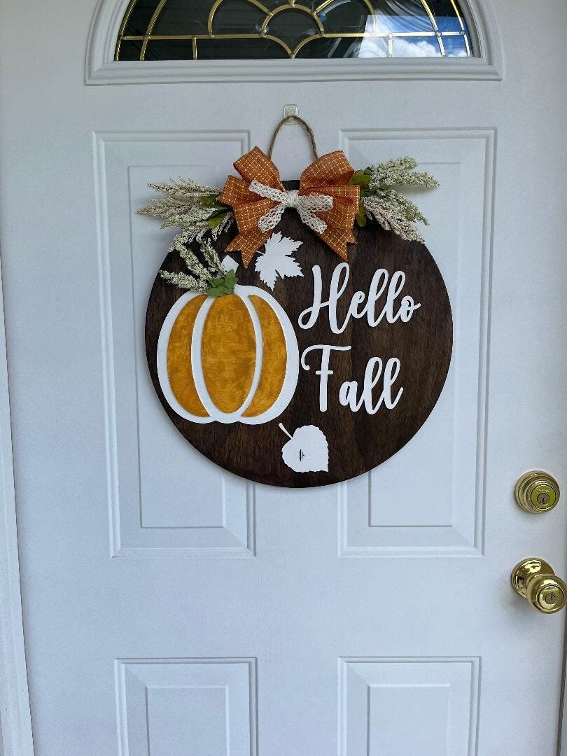 Fall door wood sign: Pumpkin & Leaves Decor, Hello Fall