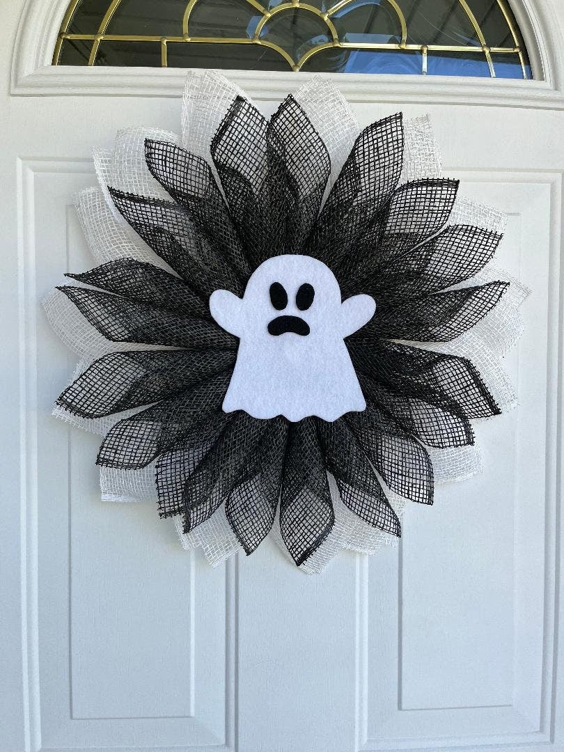 Halloween Ghost Wreath, Black & White Burlap, Spooky Front Door Decor