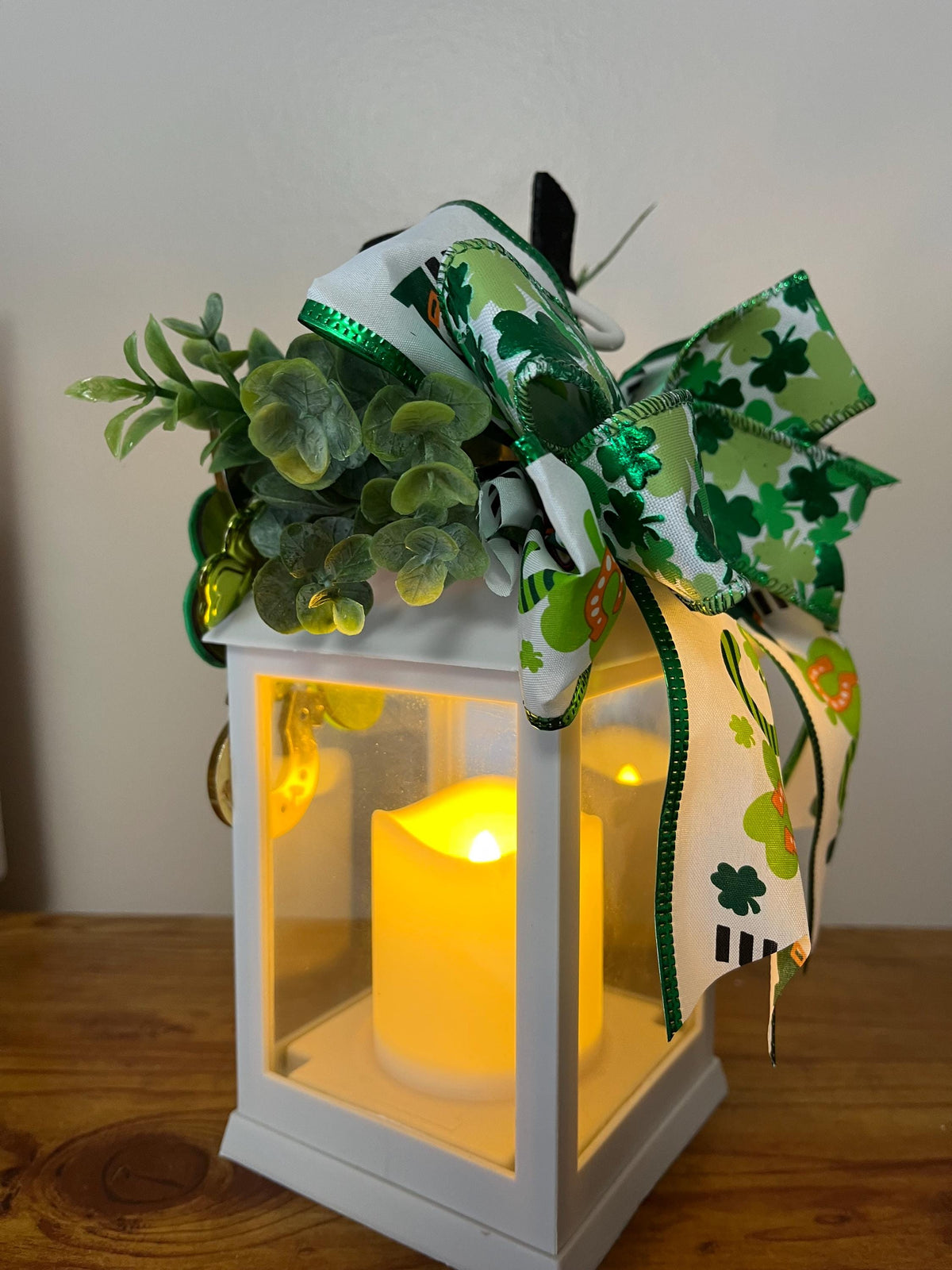 St. Patrick's Day Lantern, indoor decorated, greenery, shamrock