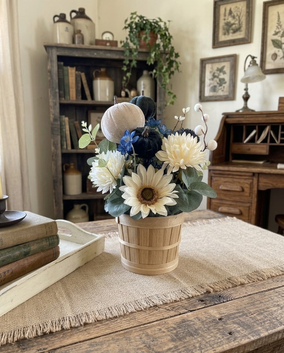 Handmade Fall Floral Centerpiece | Faux Pumpkin & Berry Arrangement, Wicker Basket
