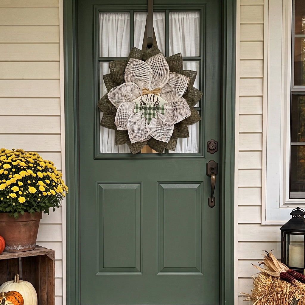 Fall Door Wreath: Olive Green & White Burlap Petals