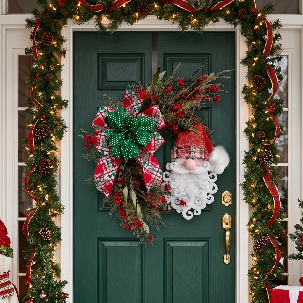 Handmade Santa Face Christmas Door Wreath – Faux Greenery, Holly Berries & Festive Bow