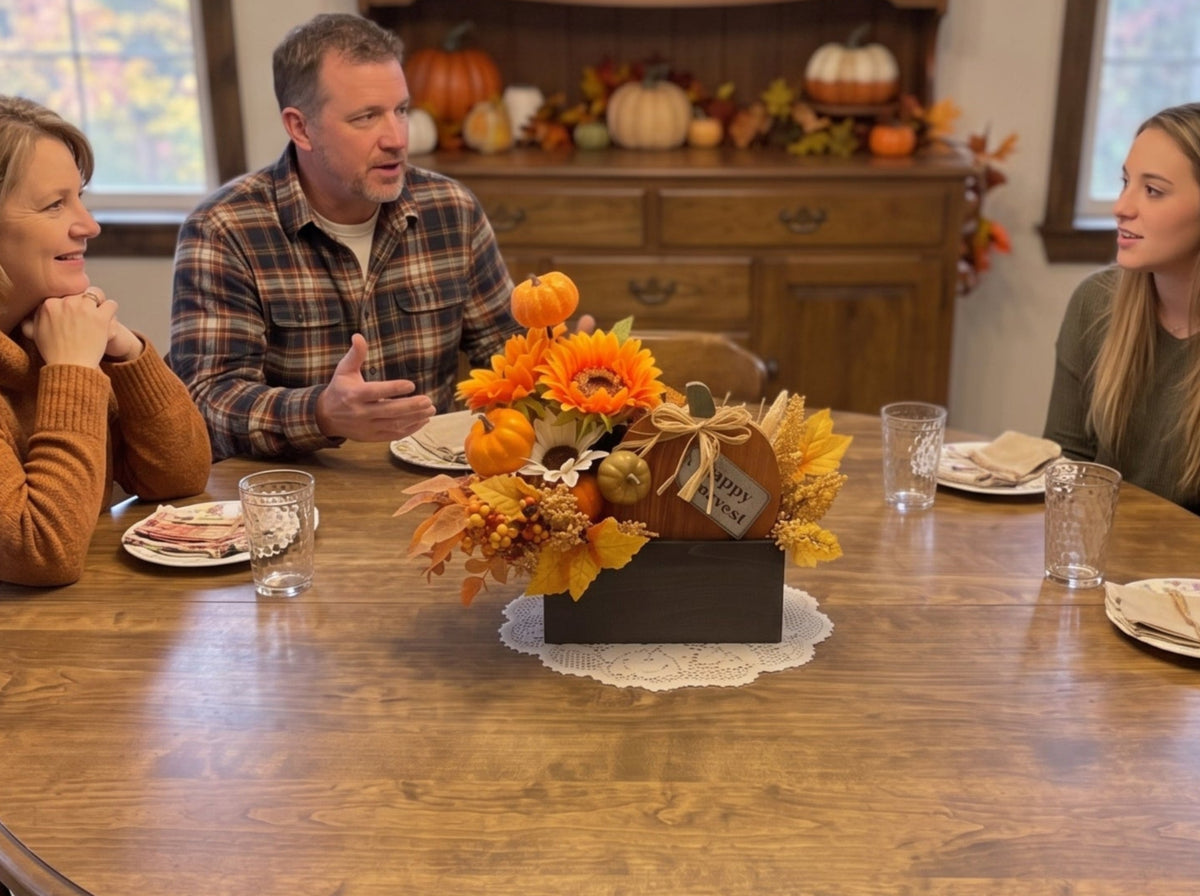 Handmade Fall Floral Centerpiece | Sunflower & Pumpkin, Wooden Box | Happy Harvest Table Decor