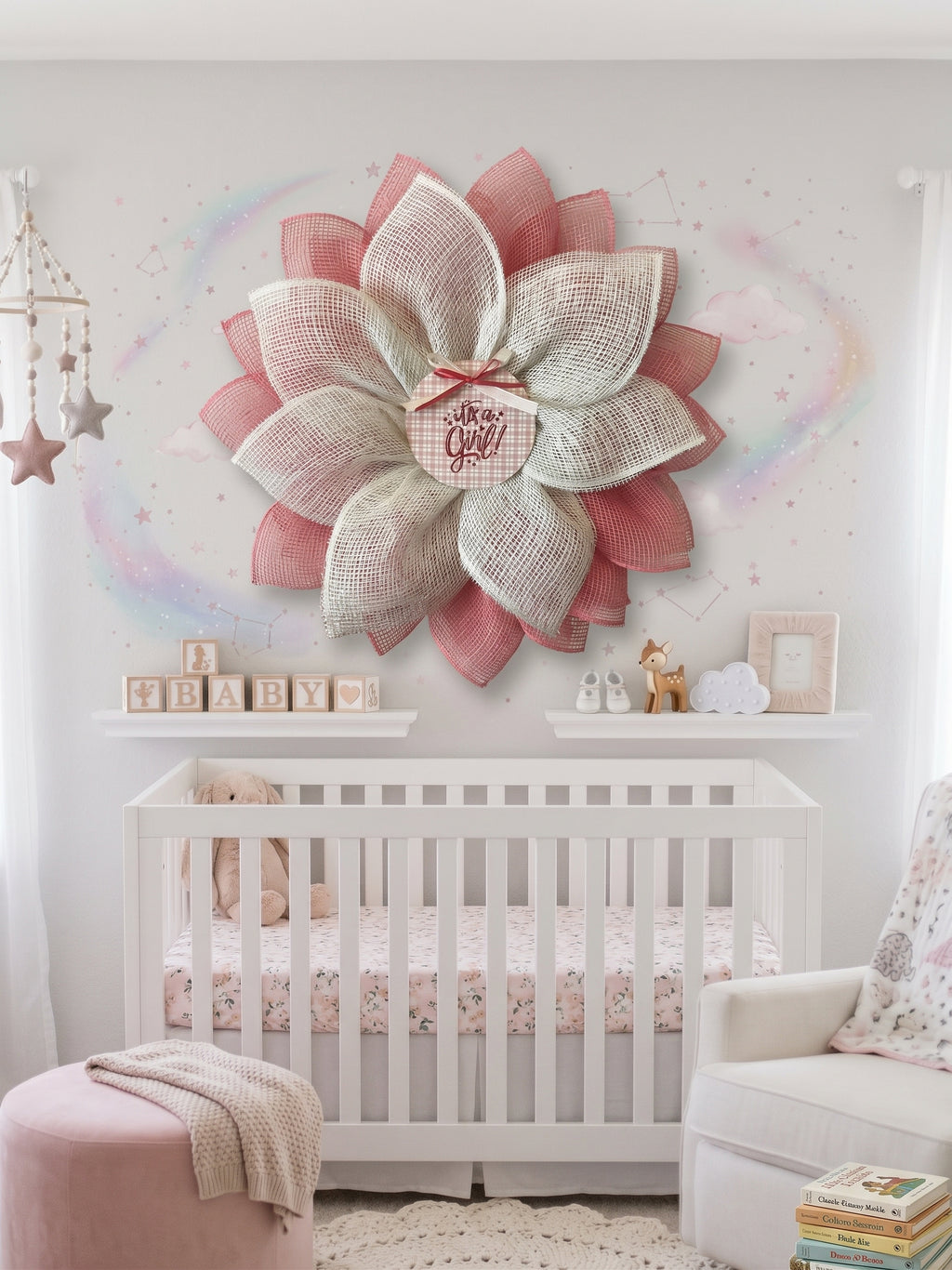 Baby Girl Announcement Wreath: Pink & White Burlap Flower, Nursery Decor