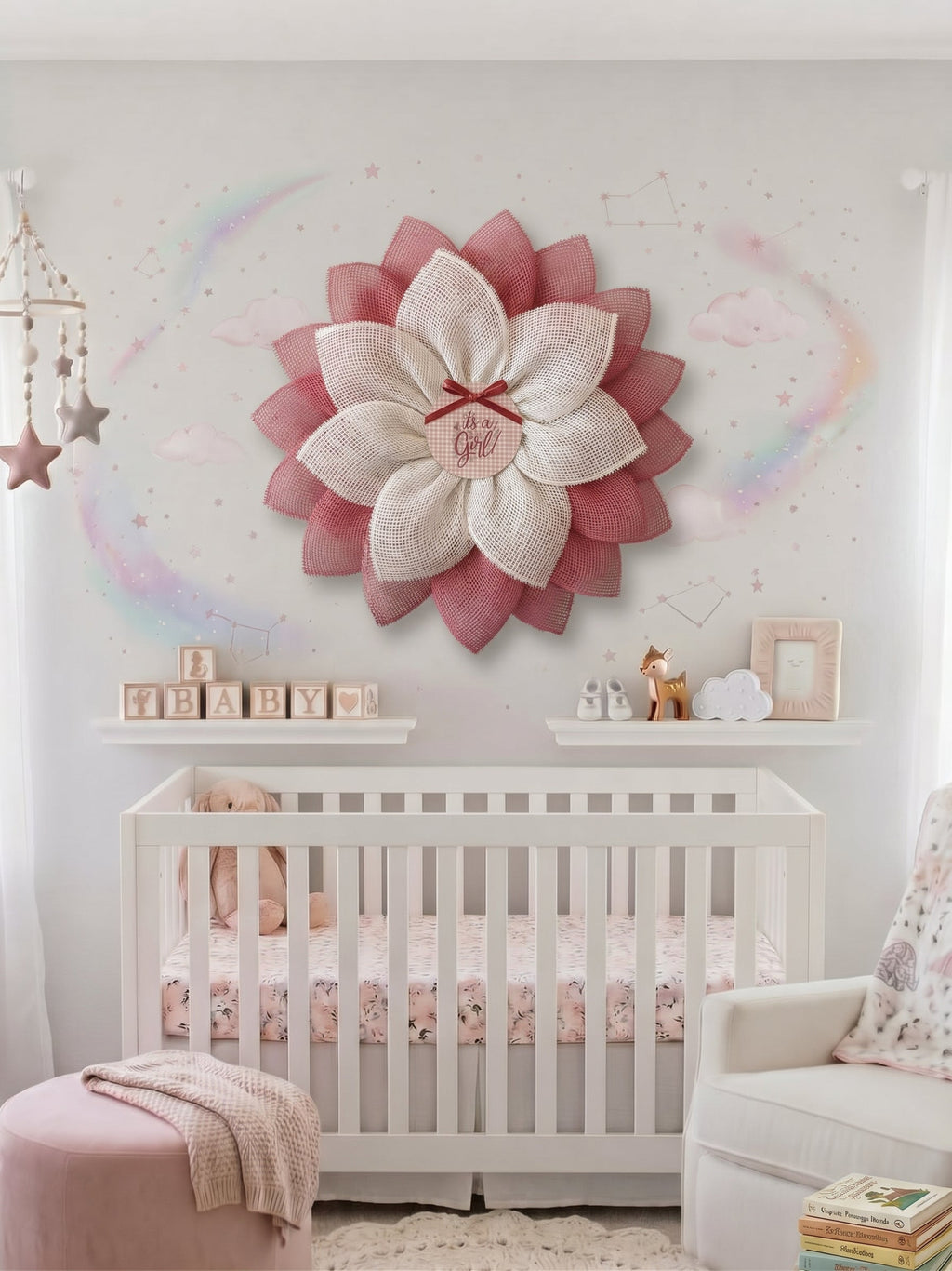 Baby Girl Announcement Wreath: Pink & White Burlap Flower, Nursery Decor