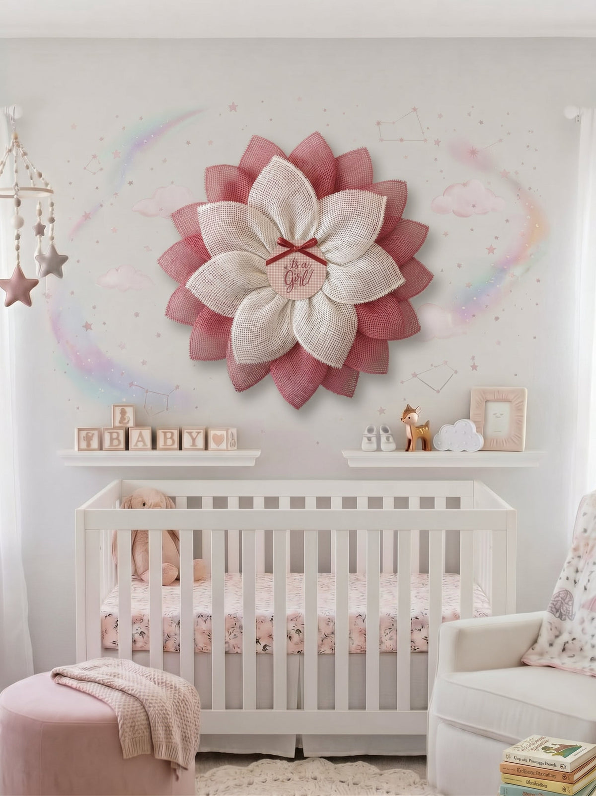 Baby Girl Announcement Wreath: Pink & White Burlap Flower, Nursery Decor