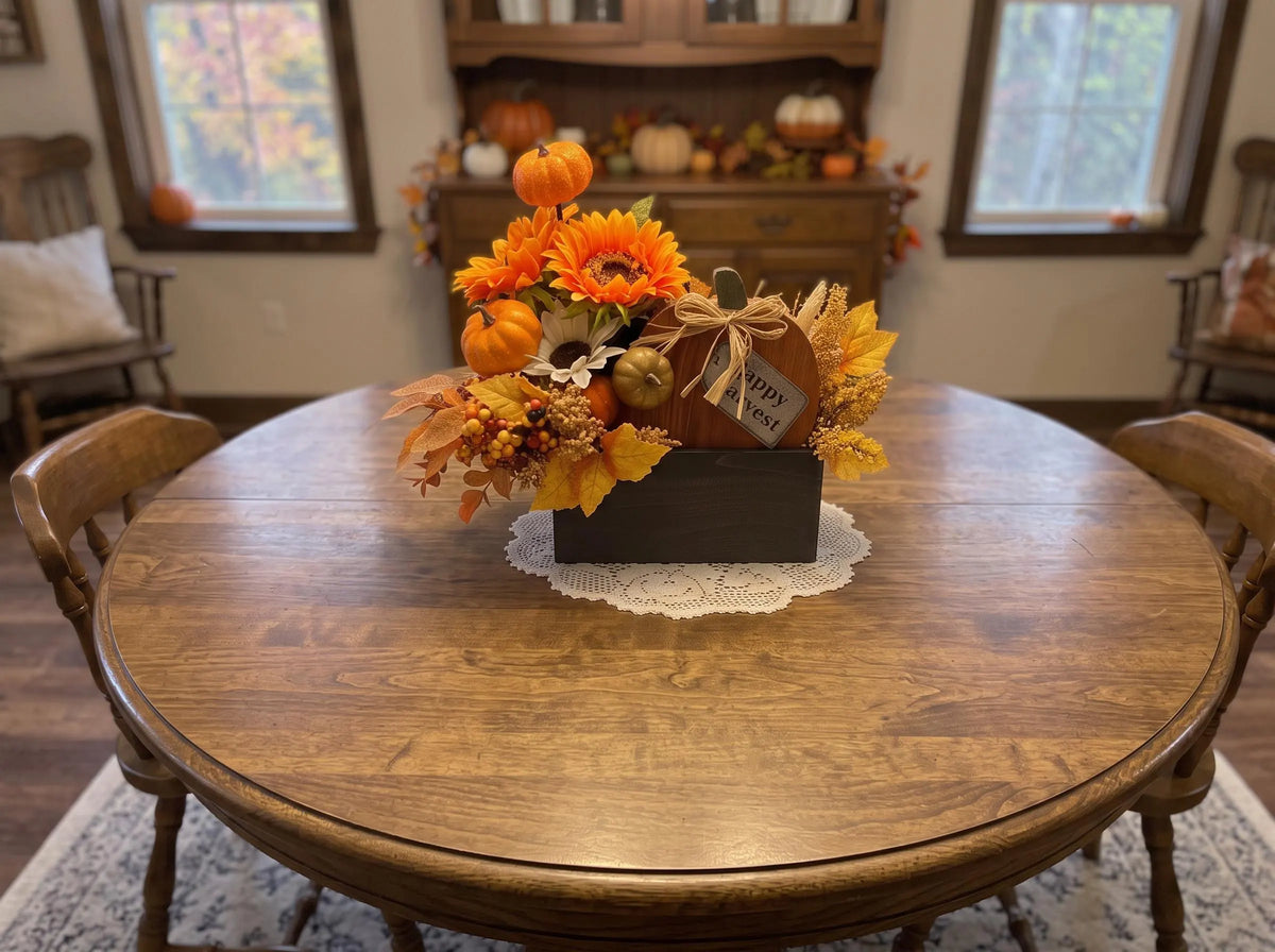 Handmade Fall Floral Centerpiece | Sunflower & Pumpkin, Wooden Box | Happy Harvest Table Decor