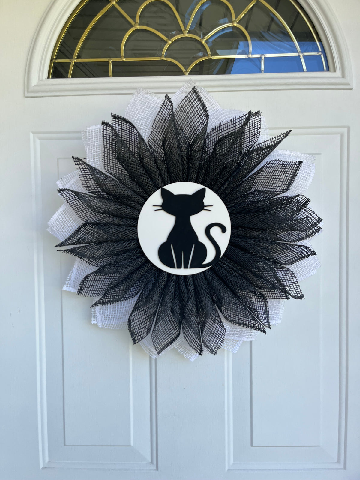 Handmade Black & White Halloween Wreath – Black Cat Deco Mesh Door Décor