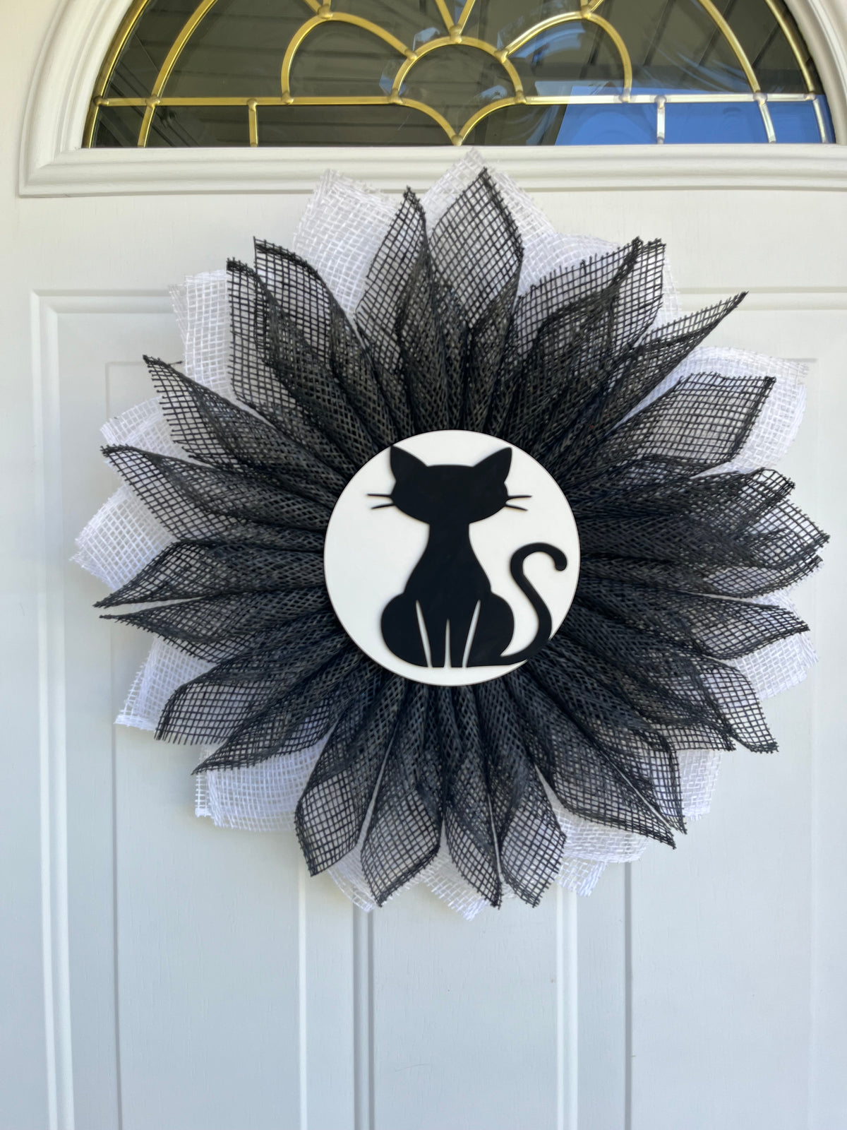 Handmade Black & White Halloween Wreath – Black Cat Deco Mesh Door Décor