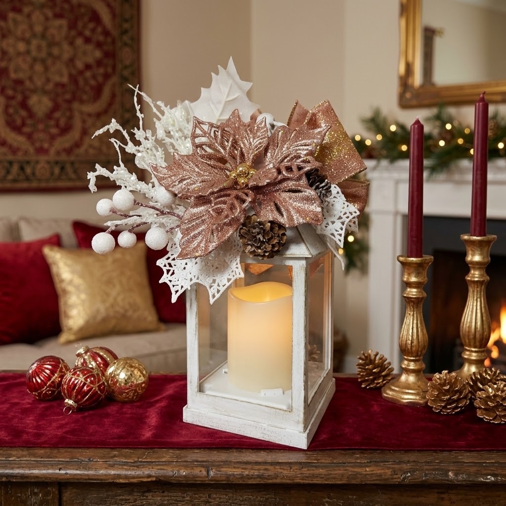 Christmas Decorated Flickering Candle Lantern – Pinkish Gold, White & Blush Holiday Décor