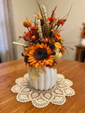 Handmade Fall Floral Arrangement in White Pumpkin Vase – Sunflower, Berry & Pine Cone Centerpiece