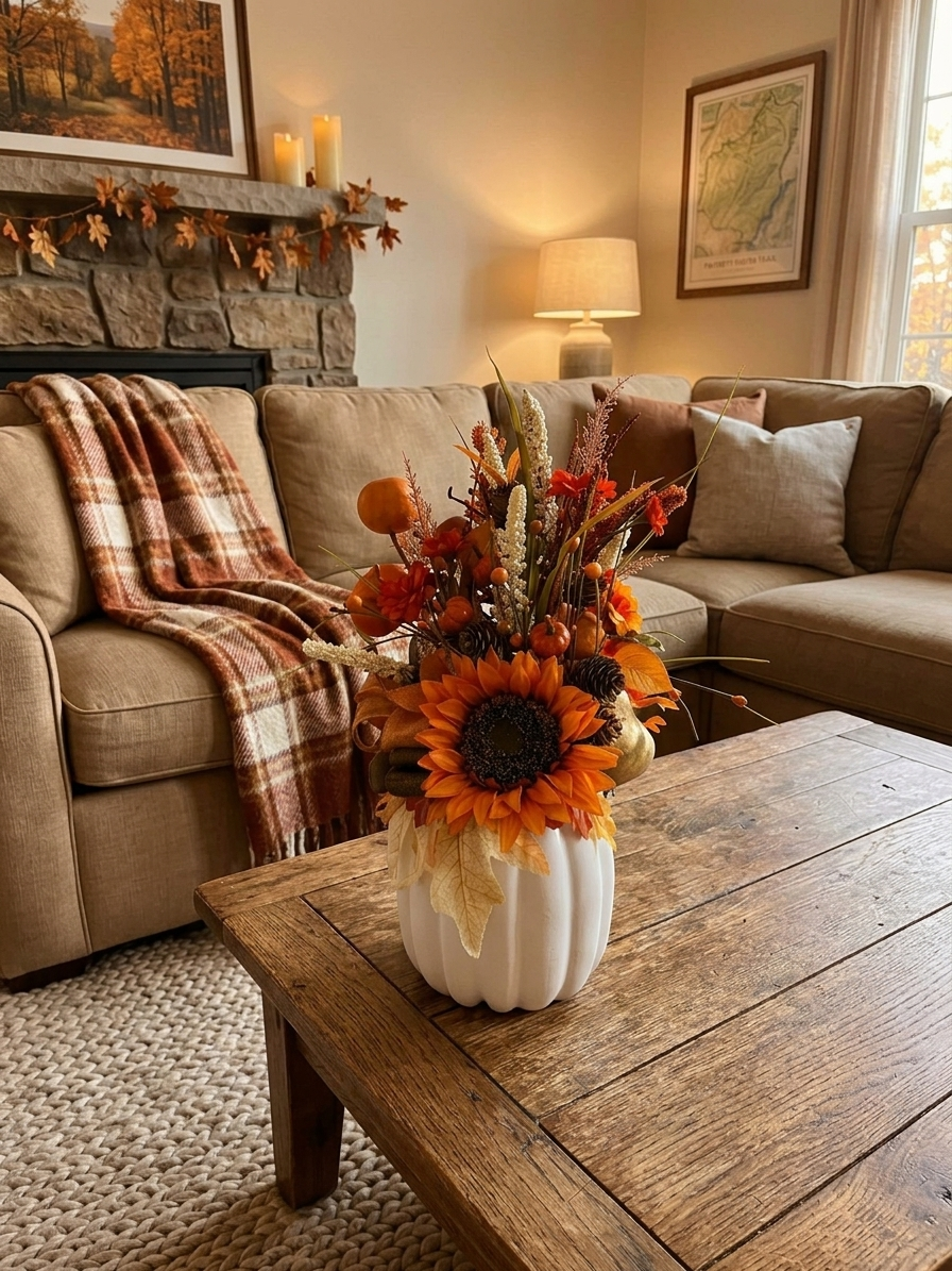 Handmade Fall Floral Arrangement in White Pumpkin Vase – Sunflower, Berry & Pine Cone Centerpiece
