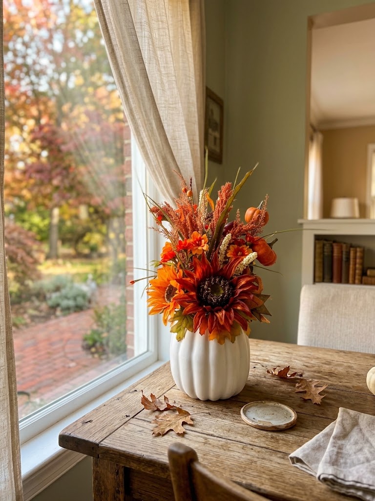 Handmade Fall Floral Arrangement in White Pumpkin Vase – Sunflower, Berry & Pine Cone Centerpiece