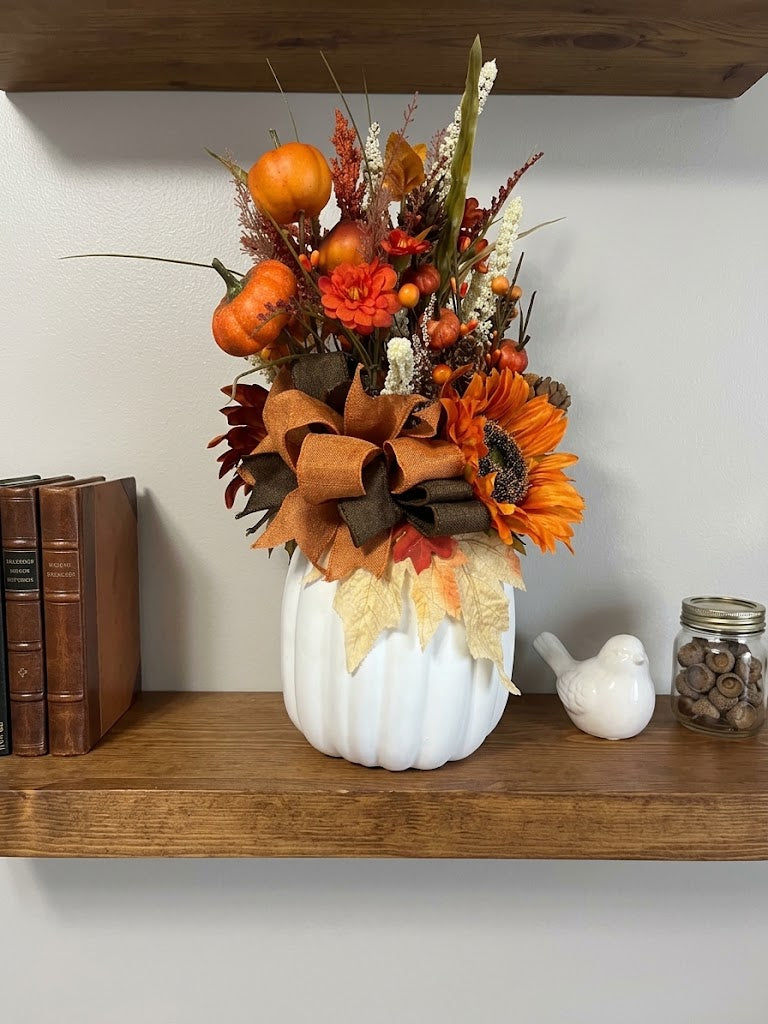 Handmade Fall Floral Arrangement in White Pumpkin Vase – Sunflower, Berry & Pine Cone Centerpiece