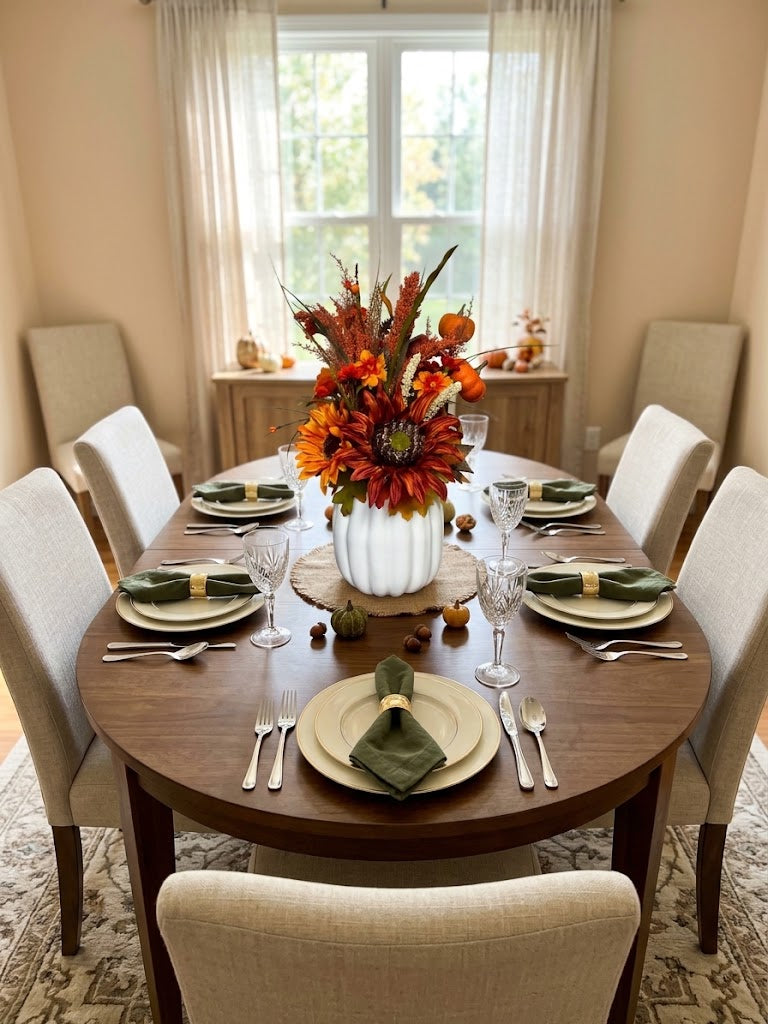 Handmade Fall Floral Arrangement in White Pumpkin Vase – Sunflower, Berry & Pine Cone Centerpiece