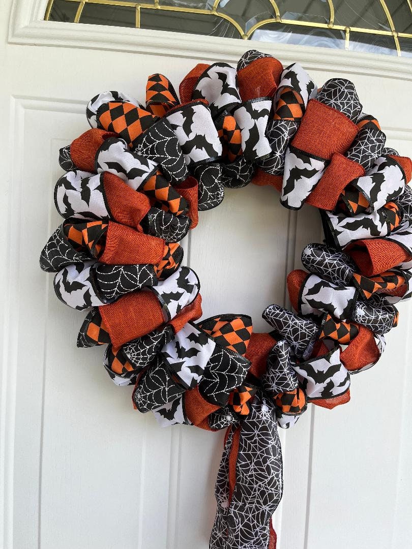 Handmade Halloween Ribbon Wreath – Orange, Black & White Wired Ribbon Front Door Décor