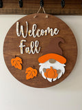 Welcome Fall Gnome Door Sign: Hand Painted Wood Autumn Decor