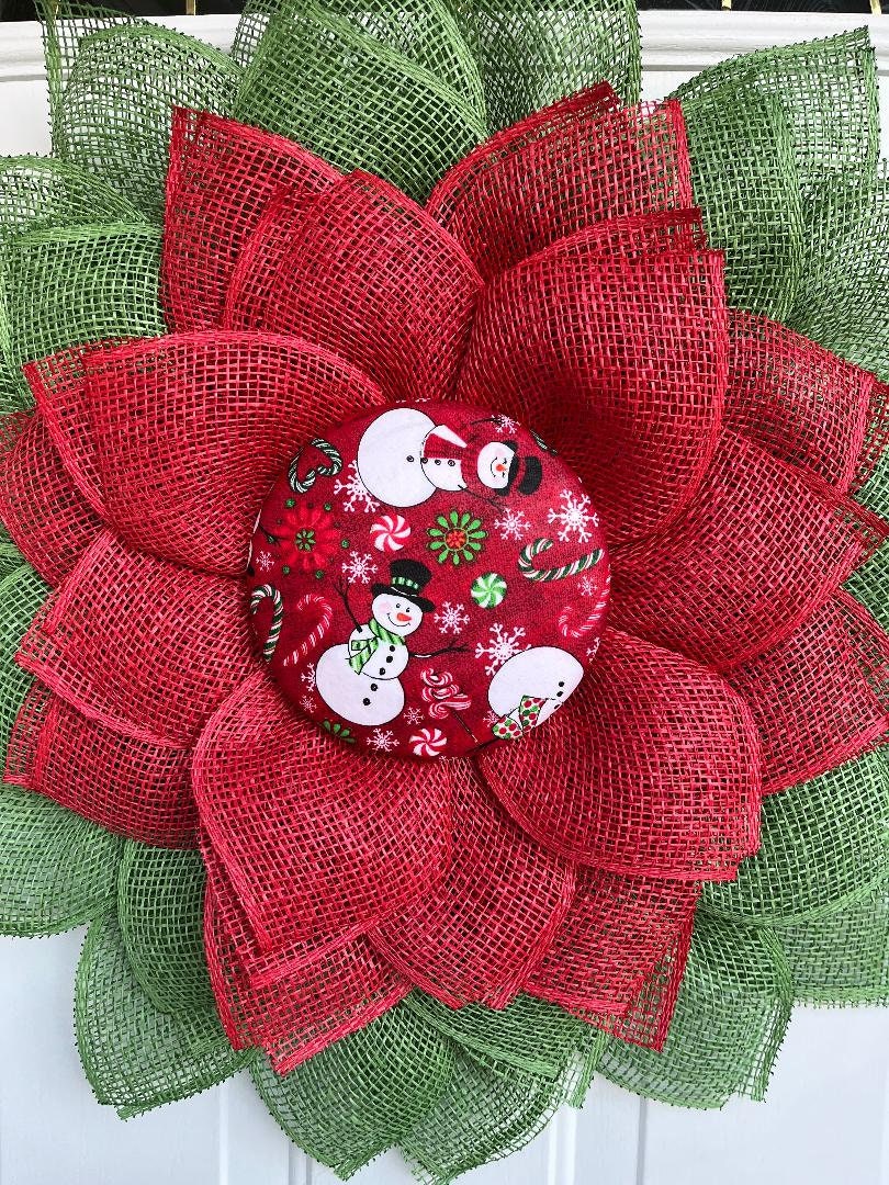 Large petal Christmas door wreath,  snowman decor, red and green