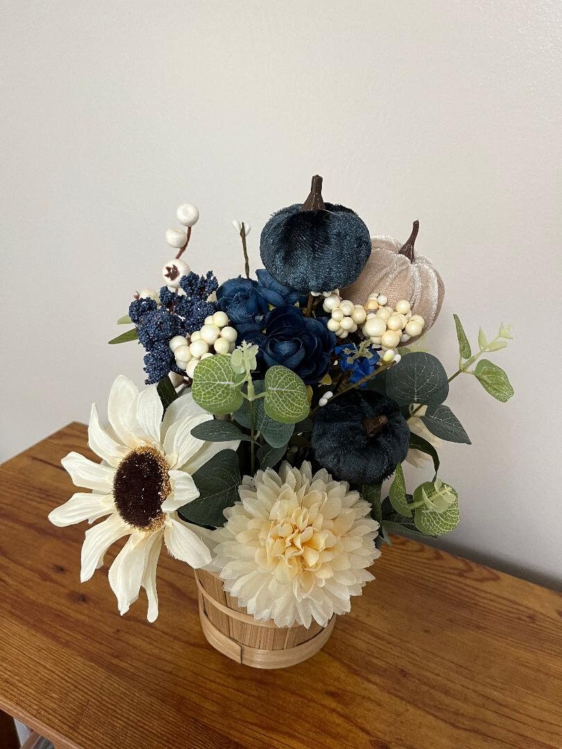 Handmade Fall Floral Centerpiece | Faux Pumpkin & Berry Arrangement, Wicker Basket