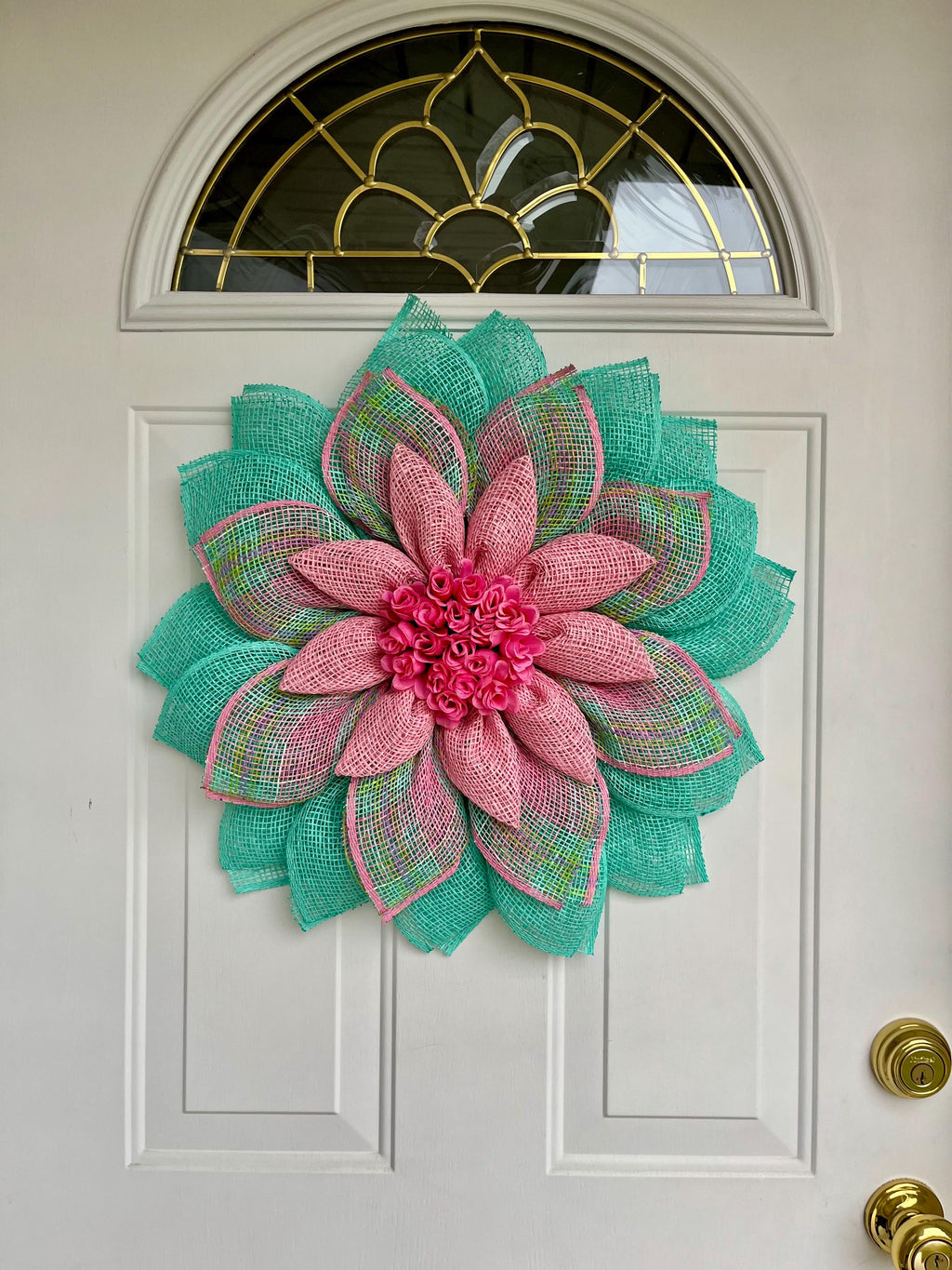 spring wreath, summer, flower petal wreath.  pink and aqua, rosebuds
