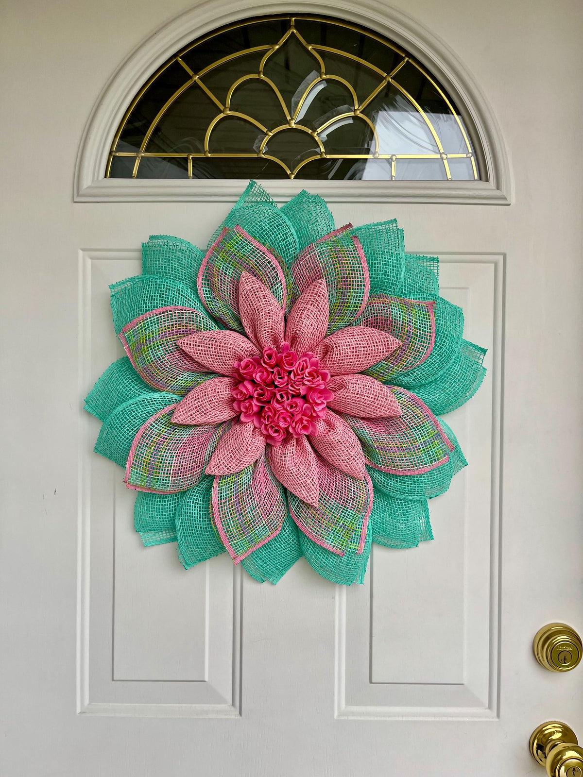spring wreath, summer, flower petal wreath.  pink and aqua, rosebuds