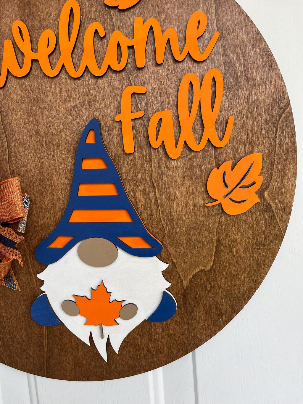 Handmade Welcome Fall Wood Door Hanger – Gnome, Fall Leaves & Flowers, Stained Plywood Sign