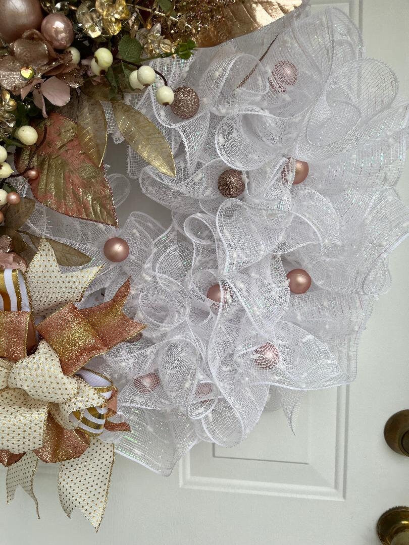 Christmas Wreath | Gold Berries, Gold Leaves & White Mesh | Holiday Door Decor