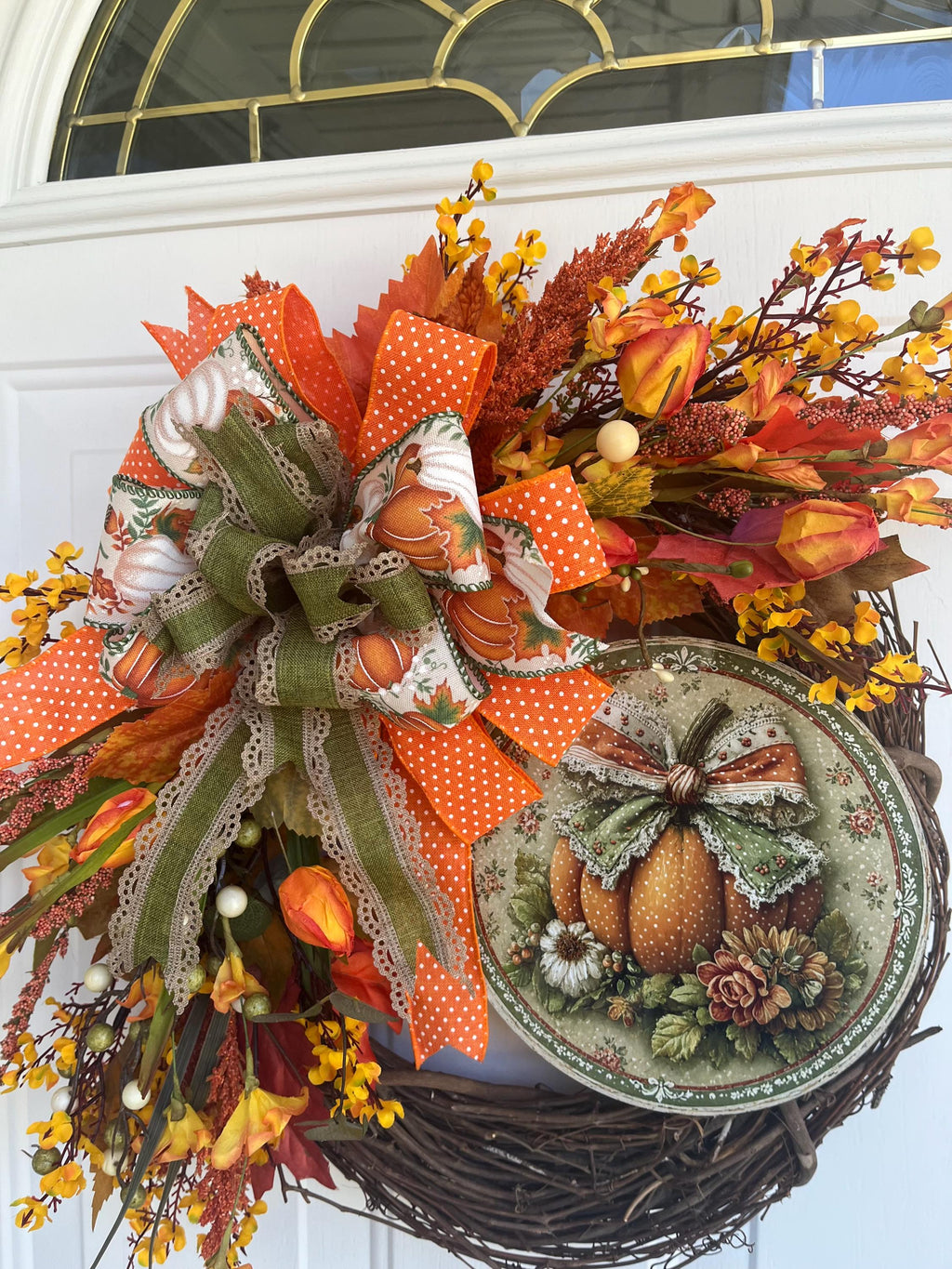 Handmade Fall Grapevine Wreath – 20 Inch Metal Pumpkin Sign, Orange & Rust Flowers, Autumn Front Door Decor