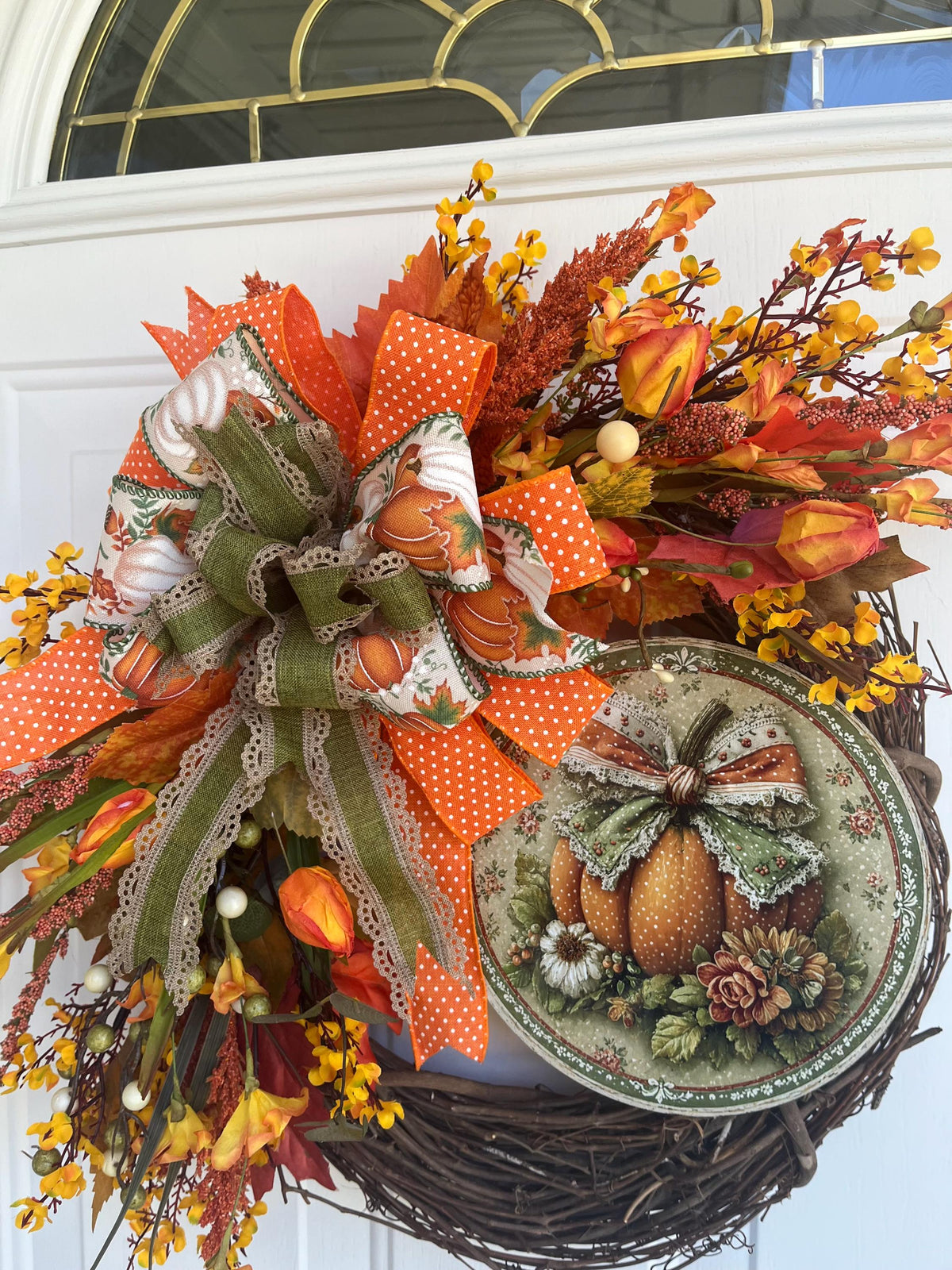 Handmade Fall Grapevine Wreath – 20 Inch Metal Pumpkin Sign, Orange & Rust Flowers, Autumn Front Door Decor