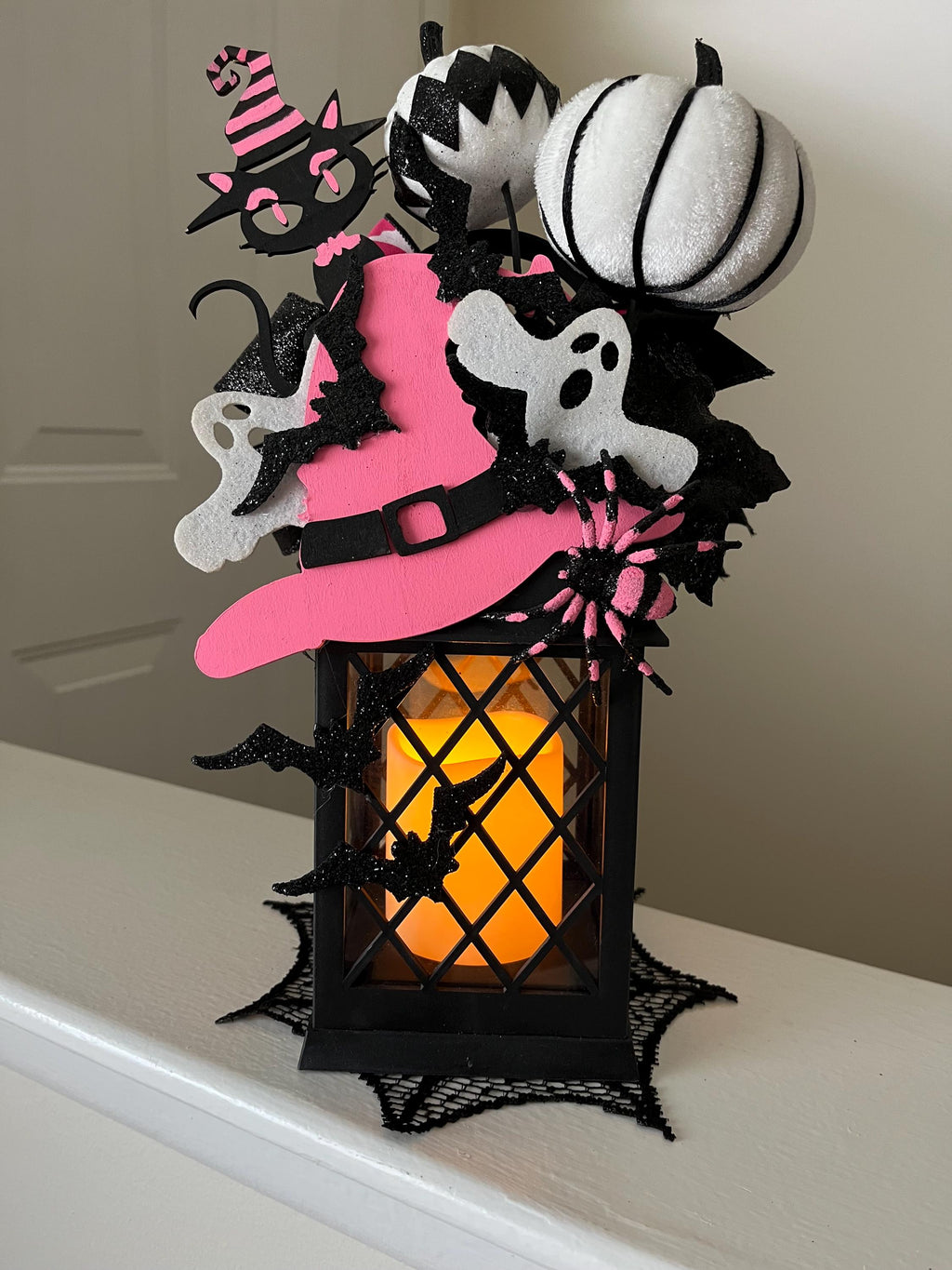 Decorated Halloween Lantern: Pink Witch Hat, Cat & Flameless Candle