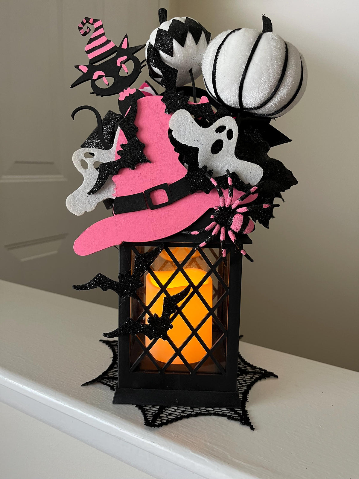 Decorated Halloween Lantern: Pink Witch Hat, Cat & Flameless Candle