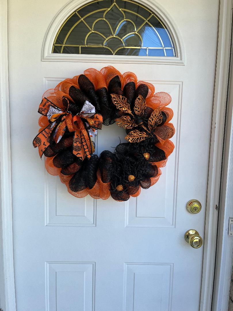 Large Handmade Halloween Deco Mesh Wreath – Orange & Black with Multicolor Bow, Front Door Decor