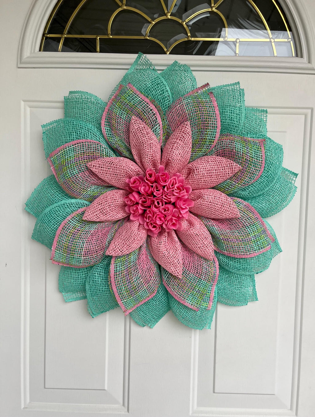 spring wreath, summer, flower petal wreath.  pink and aqua, rosebuds