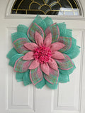 spring wreath, summer, flower petal wreath.  pink and aqua, rosebuds