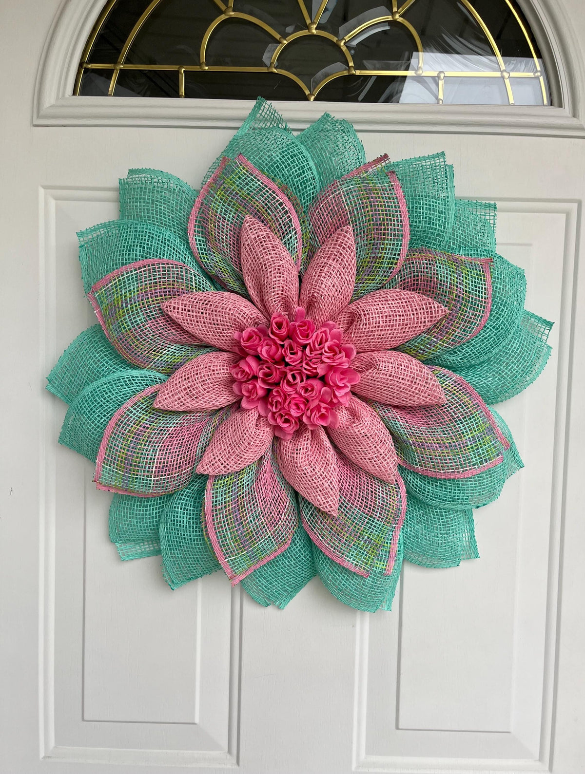 spring wreath, summer, flower petal wreath.  pink and aqua, rosebuds