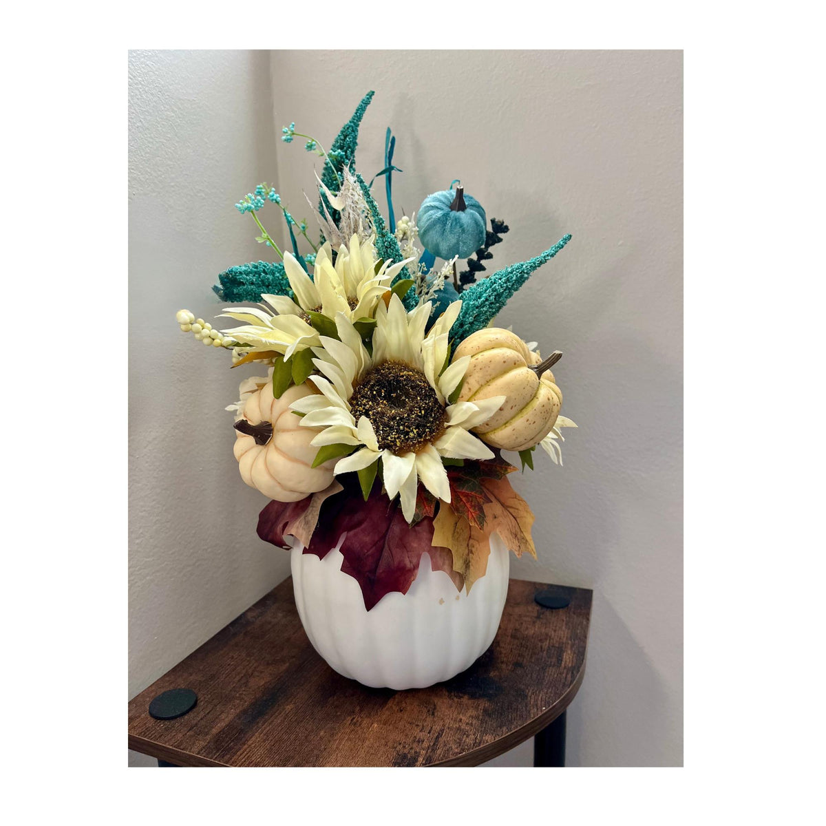 Fall Pumpkin Centerpiece | Turquoise & Beige Faux Floral | Autumn Table Decor