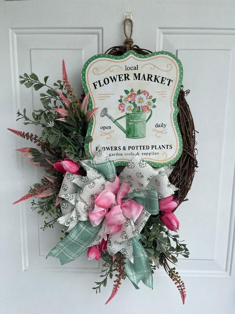 Handmade Flower Market Wreath – Pink Roses & Aqua Grapevine Door Décor