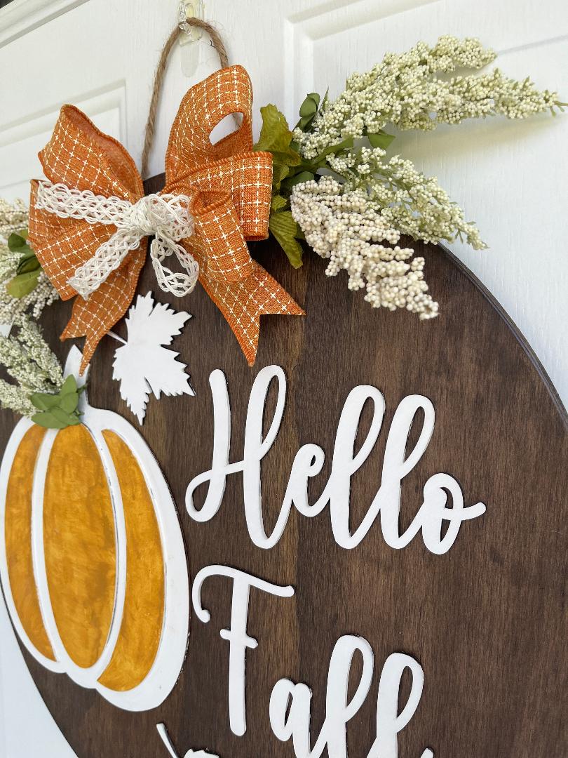 Fall door wood sign: Pumpkin & Leaves Decor, Hello Fall