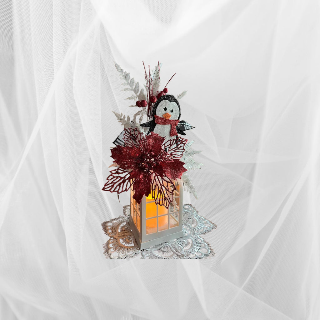 Christmas Lantern: Flickering Candle, Poinsettia Decor, penguin