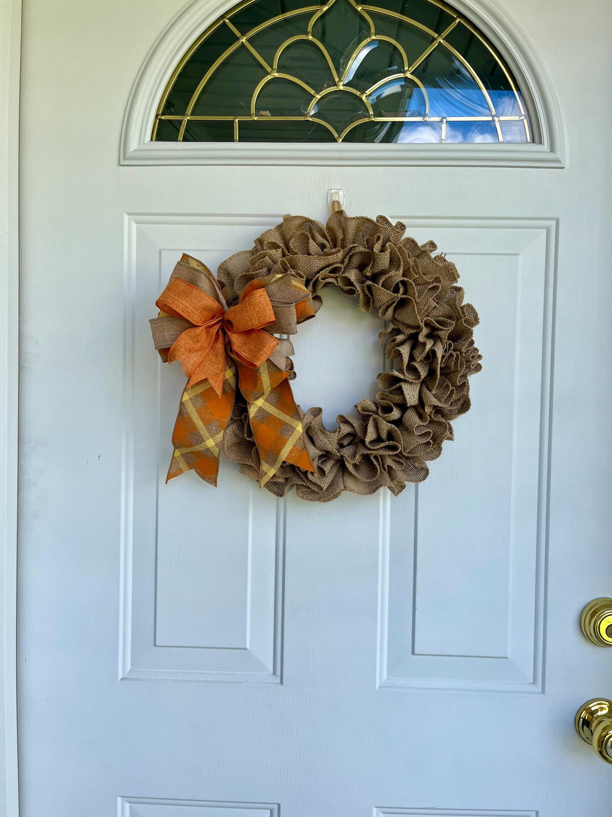 Fall Burlap Door Wreath | Orange & Beige Bow | Rustic Autumn Door Decor