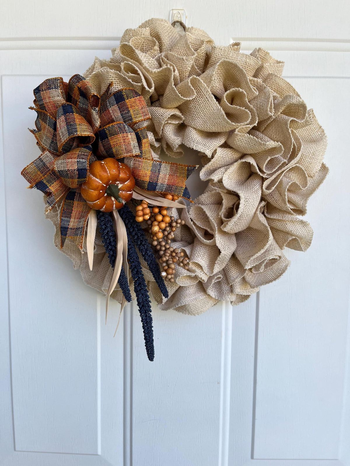 Fall Burlap Ruffled Wreath – Blue, Orange & White Ribbon with Berries, Pumpkin & Flowers