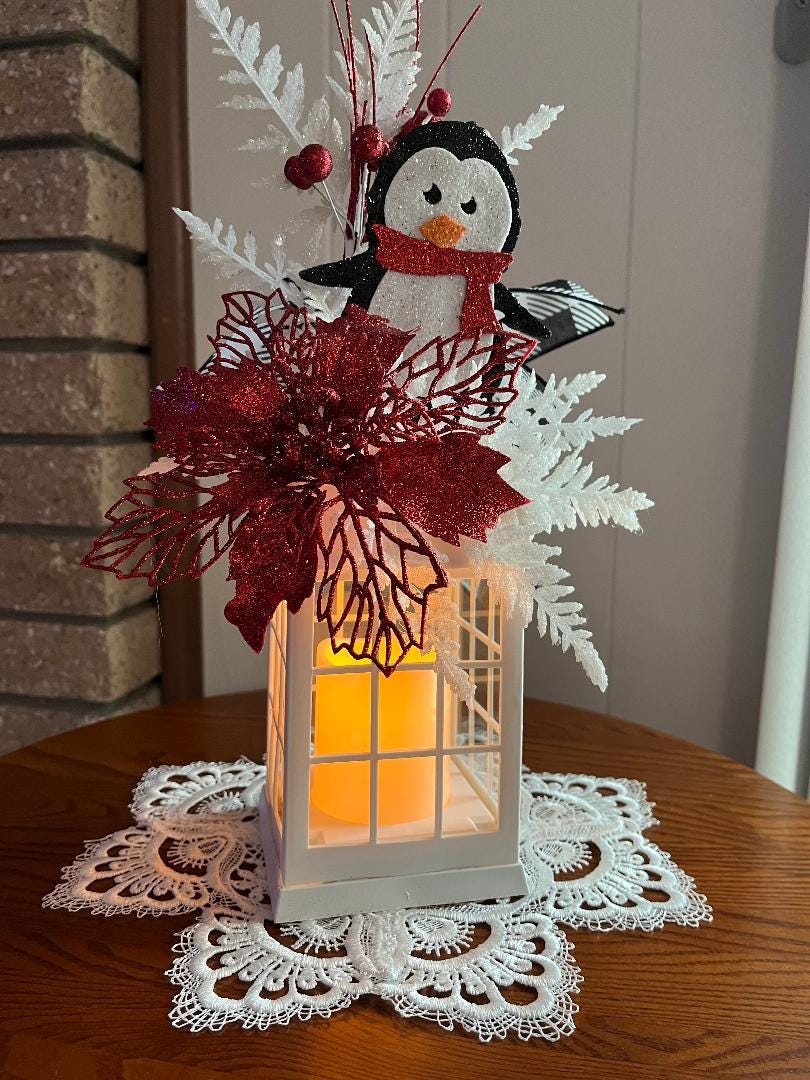 Christmas Lantern: Flickering Candle, Poinsettia Decor, penguin
